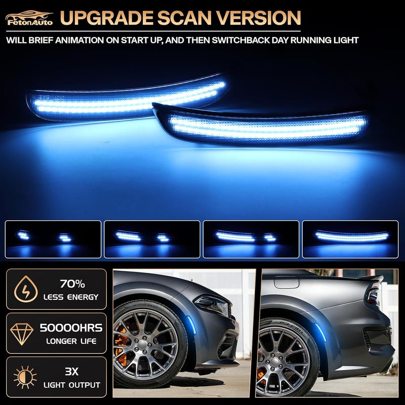 FetonAuto Dynamic Blue LED Side Marker Lights for Dodge Charger 2015 2016 2017 2018 2019 2020 2021 2022 2023 2024 Front Rear Bumper Sequential Signal Lamps, 4PCS Smoked Lens - Image 2